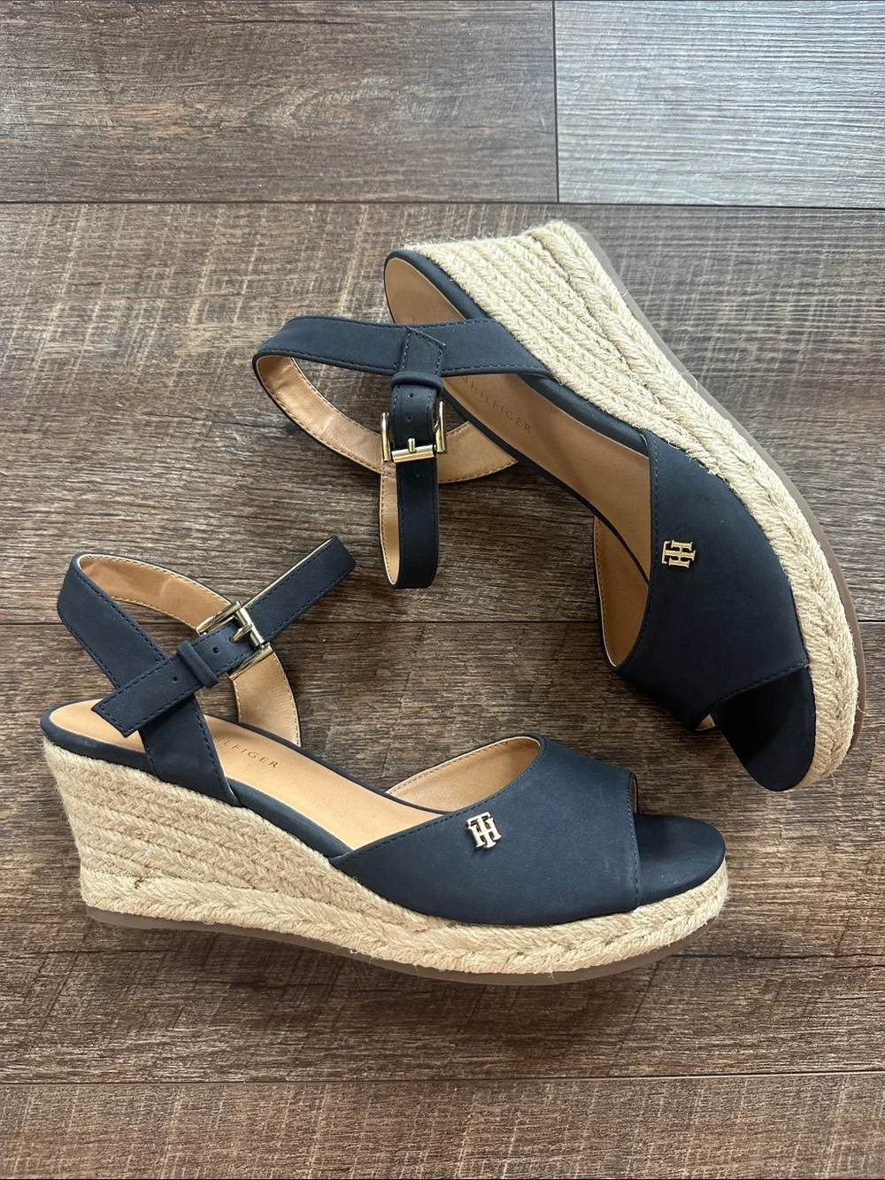 Tommy Hilfiger Navy Espadrille Wedge Sandals with Gold Logo